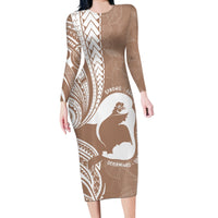 Mother's Day Long Sleeve Bodycon Dress Polynesia Vintage Hibiscus - Brown LT7 Long Dress Brown - Polynesian Pride