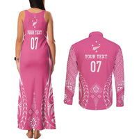 2025 Rugby Championship New Zealand Custom Couples Matching Tank Maxi Dress and Long Sleeve Button Shirt Poutama Motifs - Pink Out - Polynesian Pride