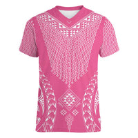 2025 Rugby Championship New Zealand Custom Women V-Neck T-Shirt Poutama Motifs - Pink Out - Polynesian Pride