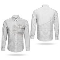 Tonga White Sunday Fakame Couples Matching Mermaid Dress and Long Sleeve Button Shirt Tokelaufeletoa Kupesi