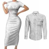 Tonga White Sunday Fakame Couples Matching Short Sleeve Bodycon Dress and Long Sleeve Button Shirt Tokelaufeletoa Kupesi