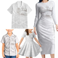 Tonga White Sunday Fakame Family Matching Long Sleeve Bodycon Dress and Hawaiian Shirt Tokelaufeletoa Kupesi