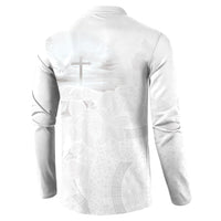 Niue White Sunday Tapu Fanau Button Sweatshirt Fiti Pua Mix Hiapo Tapa