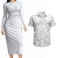 Niue White Sunday Tapu Fanau Couples Matching Long Sleeve Bodycon Dress and Hawaiian Shirt Fiti Pua Mix Hiapo Tapa