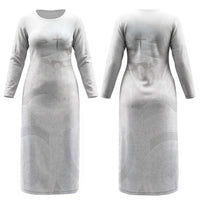 Niue White Sunday Tapu Fanau Couples Matching Long Sleeve Bodycon Dress and Hawaiian Shirt Fiti Pua Mix Hiapo Tapa