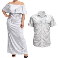 Niue White Sunday Tapu Fanau Couples Matching Off Shoulder Maxi Dress and Hawaiian Shirt Fiti Pua Mix Hiapo Tapa
