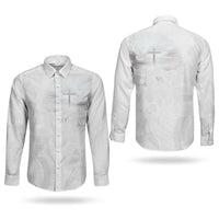 Niue White Sunday Tapu Fanau Couples Matching Puletasi and Long Sleeve Button Shirt Fiti Pua Mix Hiapo Tapa