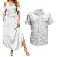 Niue White Sunday Tapu Fanau Couples Matching Summer Maxi Dress and Hawaiian Shirt Fiti Pua Mix Hiapo Tapa