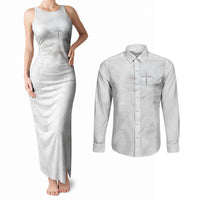 Niue White Sunday Tapu Fanau Couples Matching Tank Maxi Dress and Long Sleeve Button Shirt Fiti Pua Mix Hiapo Tapa
