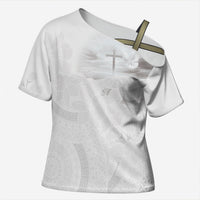 Niue White Sunday Tapu Fanau Cross Shoulder Shirt Fiti Pua Mix Hiapo Tapa