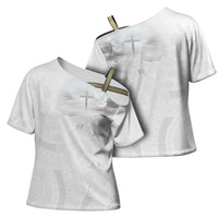 Niue White Sunday Tapu Fanau Cross Shoulder Shirt Fiti Pua Mix Hiapo Tapa