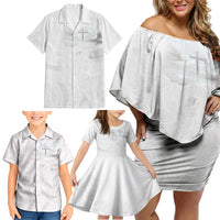 Niue White Sunday Tapu Fanau Family Matching Off Shoulder Short Dress and Hawaiian Shirt Fiti Pua Mix Hiapo Tapa