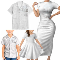 Niue White Sunday Tapu Fanau Family Matching Short Sleeve Bodycon Dress and Hawaiian Shirt Fiti Pua Mix Hiapo Tapa