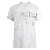 Niue White Sunday Tapu Fanau Women V-Neck T-Shirt Fiti Pua Mix Hiapo Tapa