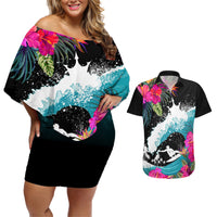 Hawaii Surfing Couples Matching Off Shoulder Short Dress and Hawaiian Shirt Triple Crown Rides The Waves LT7 Black - Polynesian Pride