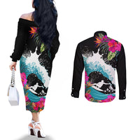 Hawaii Surfing Couples Matching Off The Shoulder Long Sleeve Dress and Long Sleeve Button Shirts Triple Crown Rides The Waves LT7 - Polynesian Pride