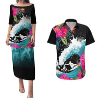 Hawaii Surfing Couples Matching Puletasi Dress and Hawaiian Shirt Triple Crown Rides The Waves LT7 Black - Polynesian Pride