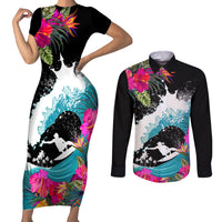 Hawaii Surfing Couples Matching Short Sleeve Bodycon Dress and Long Sleeve Button Shirts Triple Crown Rides The Waves LT7 Black - Polynesian Pride