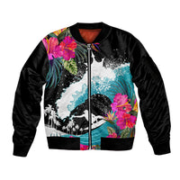 Hawaii Surfing Sleeve Zip Bomber Jacket Triple Crown Rides The Waves LT7 Unisex Black - Polynesian Pride