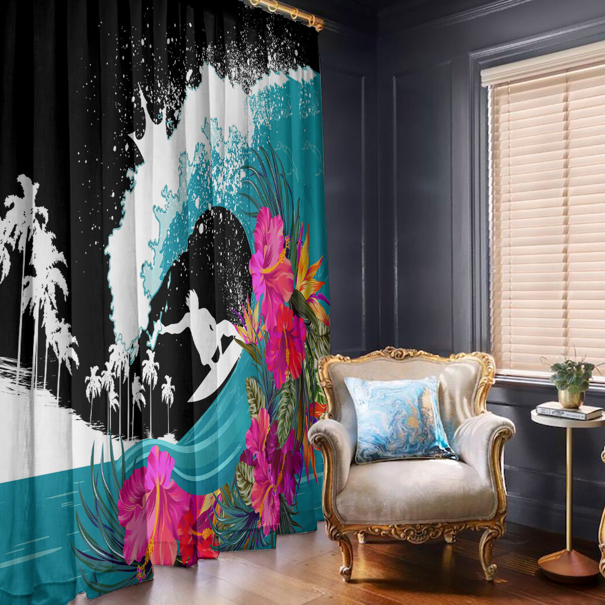 Hawaii Surfing Window Curtain Triple Crown Rides The Waves LT7 With Hooks Black - Polynesian Pride