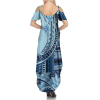 Samoa Siapo Mamanu Family Matching Summer Maxi Dress and Hawaiian Shirt Plumeria Navy Blue Motifs