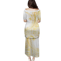 Samoa Siapo Mamanu Family Matching Puletasi and Hawaiian Shirt Plumeria Fancy Gold Motifs