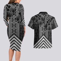 Aotearoa Taniko Pattern Couples Matching Long Sleeve Bodycon Dress and Hawaiian Shirt Poutama Mix Kowhai Flowers