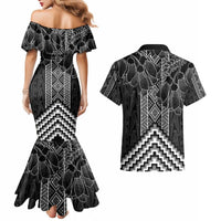 Aotearoa Taniko Pattern Couples Matching Mermaid Dress and Hawaiian Shirt Poutama Mix Kowhai Flowers