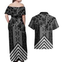 Aotearoa Taniko Pattern Couples Matching Off Shoulder Maxi Dress and Hawaiian Shirt Poutama Mix Kowhai Flowers