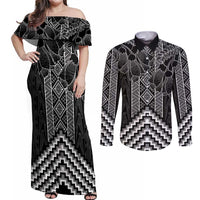 Aotearoa Taniko Pattern Couples Matching Off Shoulder Maxi Dress and Long Sleeve Button Shirt Poutama Mix Kowhai Flowers LT7 Grey - Polynesian Pride