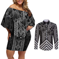 Aotearoa Taniko Pattern Couples Matching Off Shoulder Short Dress and Long Sleeve Button Shirt Poutama Mix Kowhai Flowers LT7 Grey - Polynesian Pride