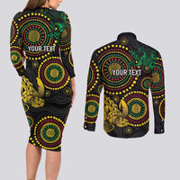 Vanuatu Personalized Aboriginal Arts Couples Matching Long Sleeve Bodycon Dress and Long Sleeve Button Shirt Turtle and Iguana Special - Polynesian Pride