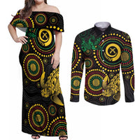 Vanuatu Personalized Aboriginal Arts Couples Matching Off Shoulder Maxi Dress and Long Sleeve Button Shirt Turtle and Iguana Special - Polynesian Pride