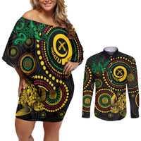 Vanuatu Personalized Aboriginal Arts Couples Matching Off Shoulder Short Dress and Long Sleeve Button Shirt Turtle and Iguana Special - Polynesian Pride