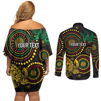 Vanuatu Personalized Aboriginal Arts Couples Matching Off Shoulder Short Dress and Long Sleeve Button Shirt Turtle and Iguana Special - Polynesian Pride