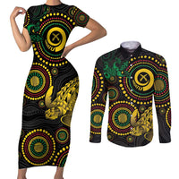 Vanuatu Personalized Aboriginal Arts Couples Matching Short Sleeve Bodycon Dress and Long Sleeve Button Shirt Turtle and Iguana Special - Polynesian Pride