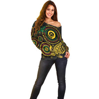 Vanuatu Personalized Aboriginal Arts Off Shoulder Sweater Turtle and Iguana Special - Polynesian Pride
