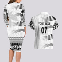Personalised Fiji Rugby Couples Matching Long Sleeve Bodycon Dress and Hawaiian Shirt Kaiviti WC 2023 Jersey Replica - White LT7 - Polynesian Pride