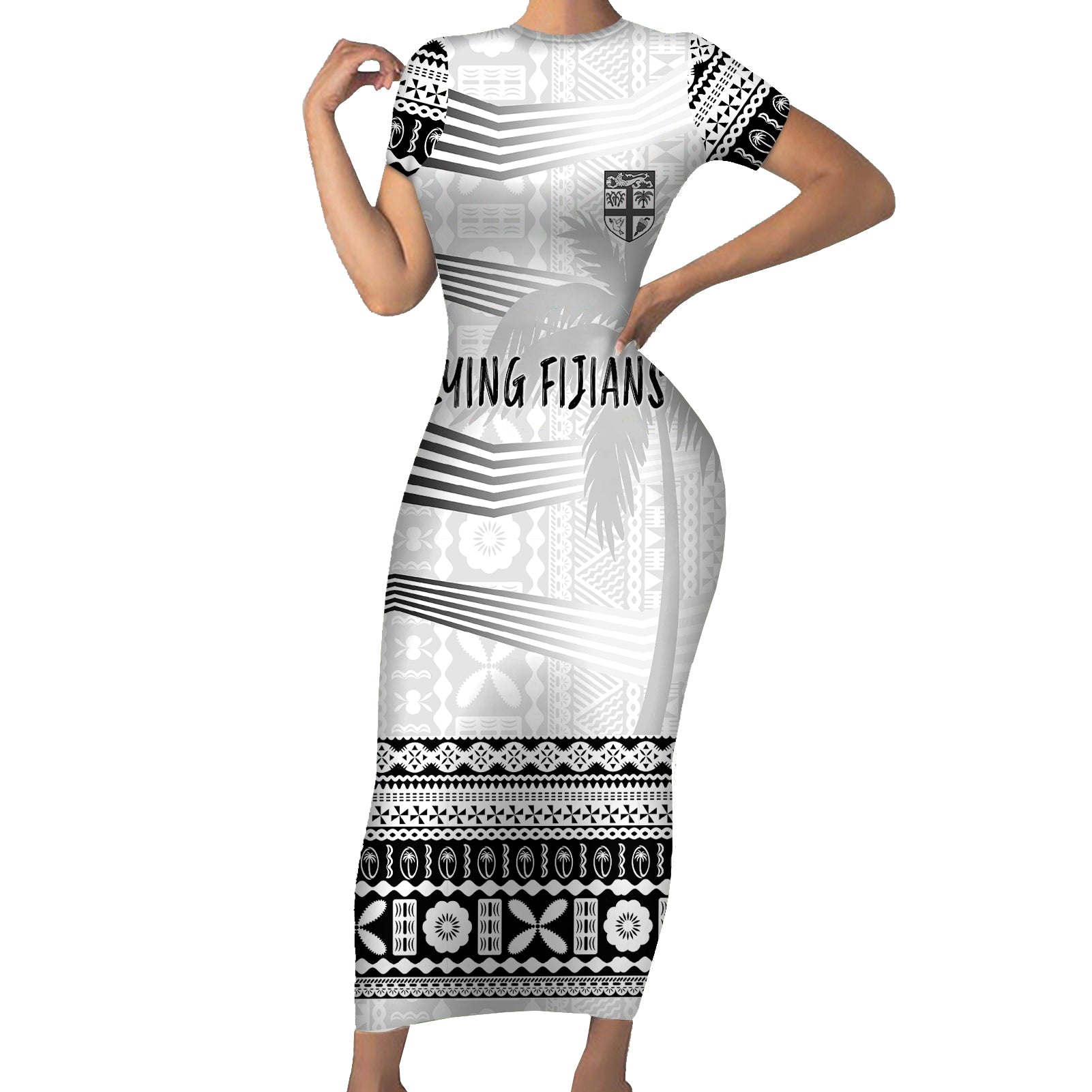 Personalised Fiji Rugby Short Sleeve Bodycon Dress Kaiviti WC 2023 Jersey Replica - White LT7 Long Dress White - Polynesian Pride