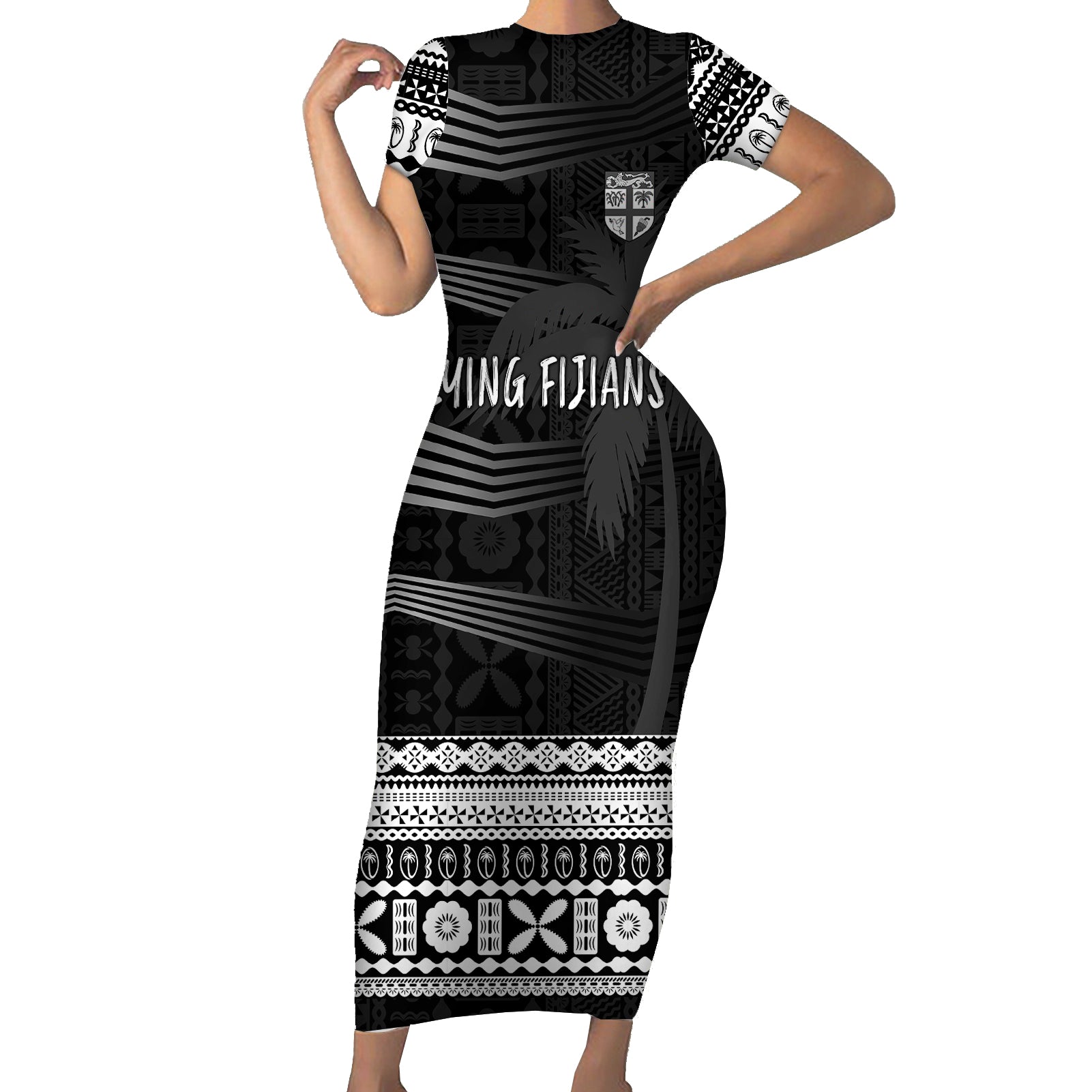 Personalised Fiji Rugby Short Sleeve Bodycon Dress Kaiviti WC 2023 Jersey Replica - Black LT7 Long Dress Black - Polynesian Pride