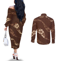 Aloha Hawaii Floral Tapa Couples Matching Off The Shoulder Long Sleeve Dress and Long Sleeve Button Shirt Patchwork Mocha - Polynesian Pride