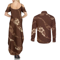 Aloha Hawaii Floral Tapa Couples Matching Summer Maxi Dress and Long Sleeve Button Shirt Patchwork Mocha - Polynesian Pride