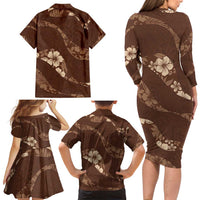 Aloha Hawaii Floral Tapa Family Matching Long Sleeve Bodycon Dress and Hawaiian Shirt Patchwork Mocha - Polynesian Pride