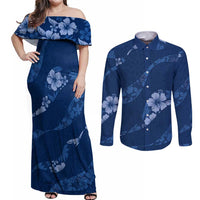 Aloha Hawaii Floral Tapa Couples Matching Off Shoulder Maxi Dress and Long Sleeve Button Shirt Patchwork Navy - Polynesian Pride