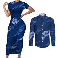 Aloha Hawaii Floral Tapa Couples Matching Short Sleeve Bodycon Dress and Long Sleeve Button Shirt Patchwork Navy - Polynesian Pride