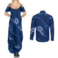 Aloha Hawaii Floral Tapa Couples Matching Summer Maxi Dress and Long Sleeve Button Shirt Patchwork Navy - Polynesian Pride