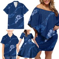 Aloha Hawaii Floral Tapa Family Matching Off Shoulder Short Dress and Hawaiian Shirt Patchwork Navy - Polynesian Pride