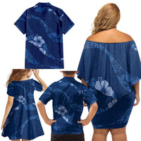 Aloha Hawaii Floral Tapa Family Matching Off Shoulder Short Dress and Hawaiian Shirt Patchwork Navy - Polynesian Pride