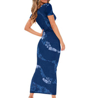 Aloha Hawaii Floral Tapa Family Matching Short Sleeve Bodycon Dress and Hawaiian Shirt Patchwork Navy - Polynesian Pride
