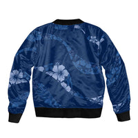 Aloha Hawaii Floral Tapa Sleeve Zip Bomber Jacket Patchwork Navy - Polynesian Pride
